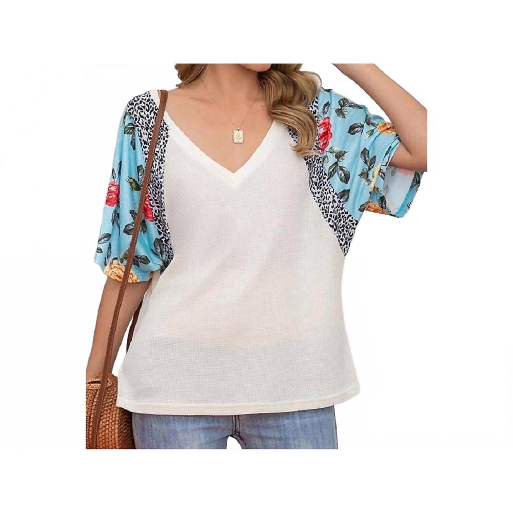 NEW C+D+M waffle floral/leopard sleeve top in blue